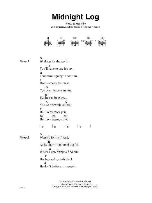 Download The Clash Midnight Log Sheet Music and learn how to play Lyrics & Chords PDF digital score in minutes