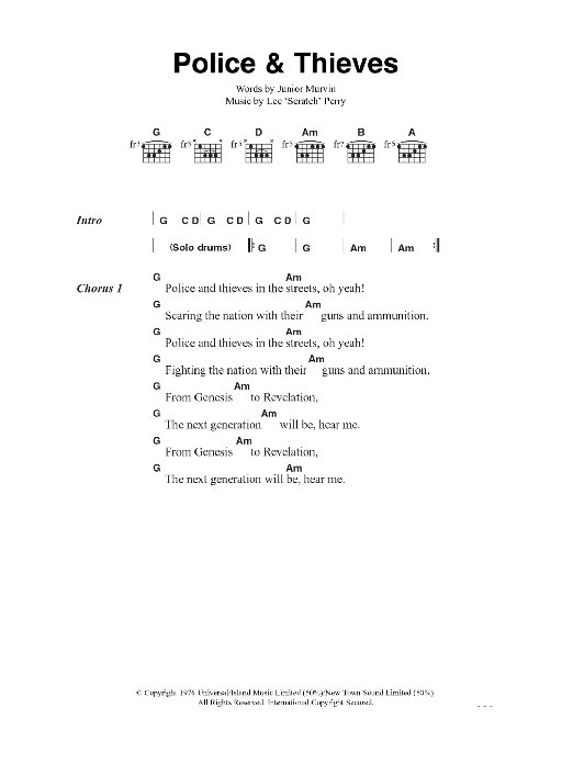Download The Clash Police And Thieves Sheet Music and learn how to play Lyrics & Chords PDF digital score in minutes