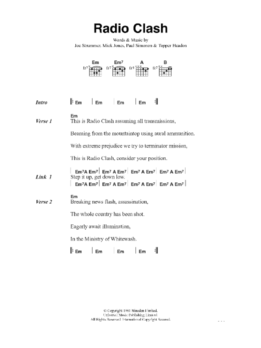 Download The Clash Radio Clash Sheet Music and learn how to play Lyrics & Chords PDF digital score in minutes