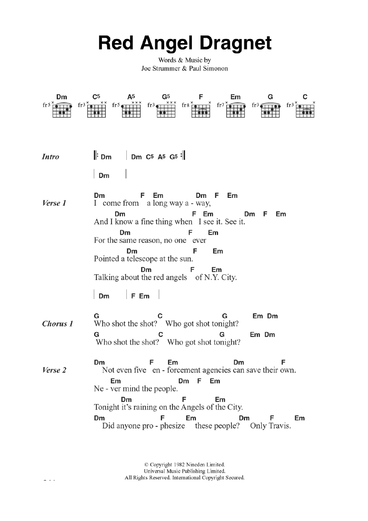 Download The Clash Red Angel Dragnet Sheet Music and learn how to play Lyrics & Chords PDF digital score in minutes