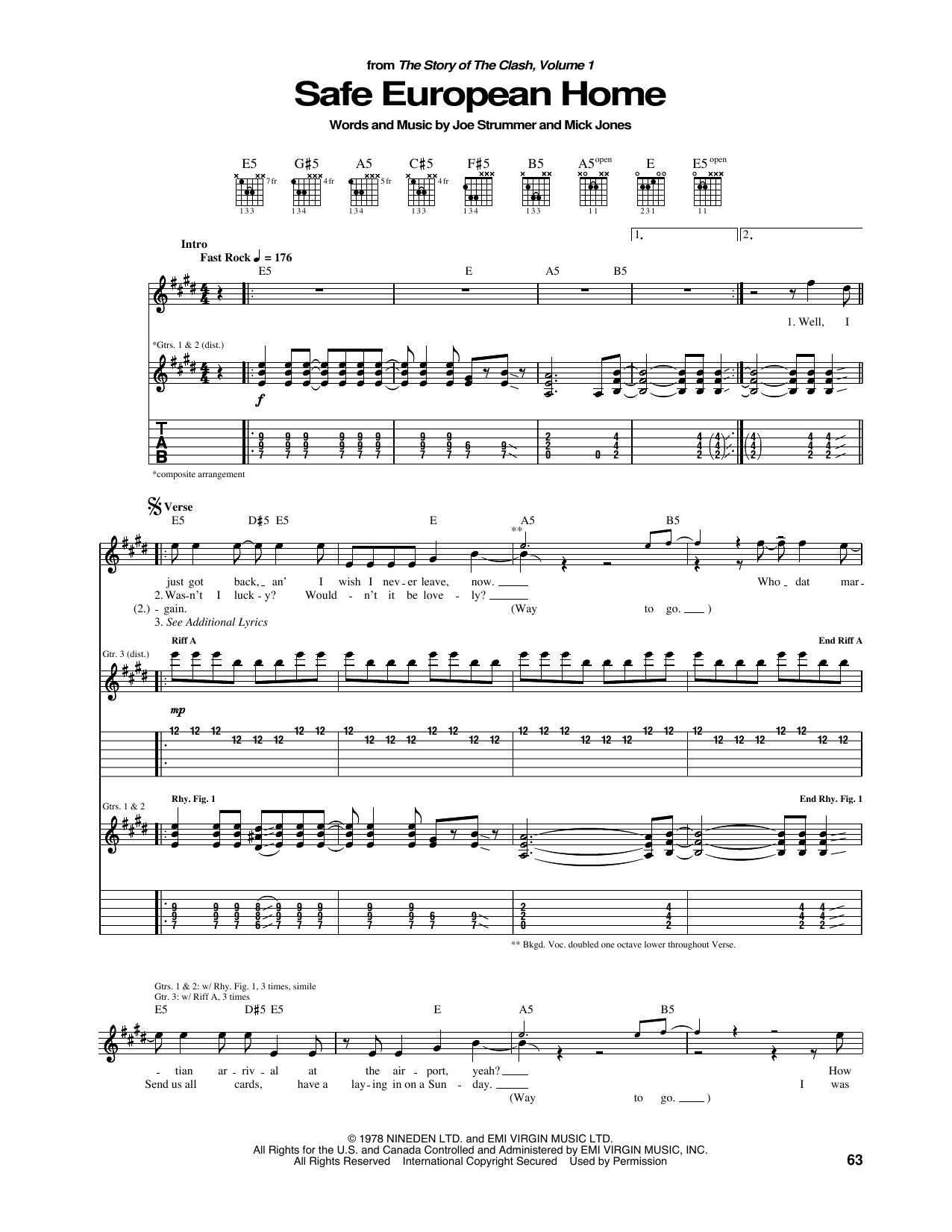 Download The Clash Safe European Home Sheet Music and learn how to play Guitar Tab PDF digital score in minutes