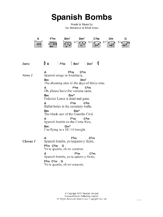 Download The Clash Spanish Bombs Sheet Music and learn how to play Lyrics & Chords PDF digital score in minutes
