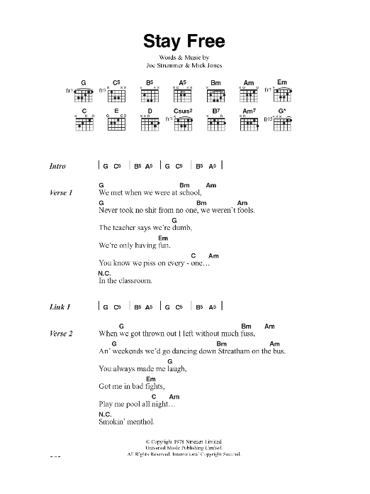 Download The Clash Stay Free Sheet Music and learn how to play Lyrics & Chords PDF digital score in minutes