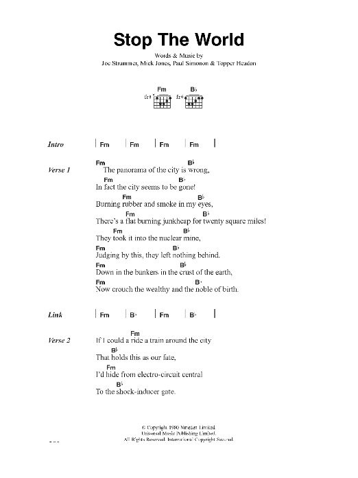 Download The Clash Stop The World Sheet Music and learn how to play Lyrics & Chords PDF digital score in minutes