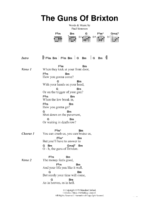 Download The Clash The Guns Of Brixton Sheet Music and learn how to play Lyrics & Chords PDF digital score in minutes