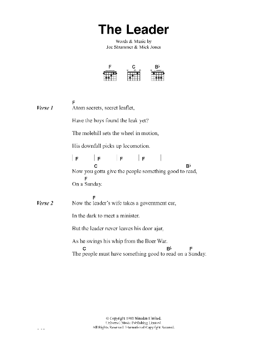 Download The Clash The Leader Sheet Music and learn how to play Lyrics & Chords PDF digital score in minutes