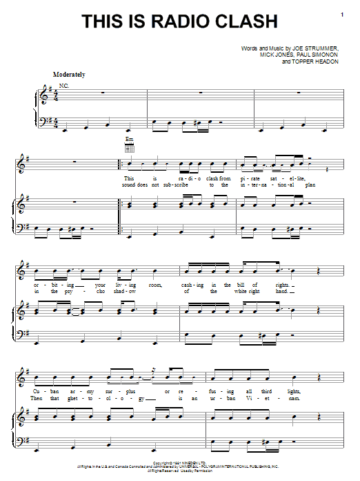 Download The Clash This Is Radio Clash Sheet Music and learn how to play Piano, Vocal & Guitar (Right-Hand Melody) PDF digital score in minutes