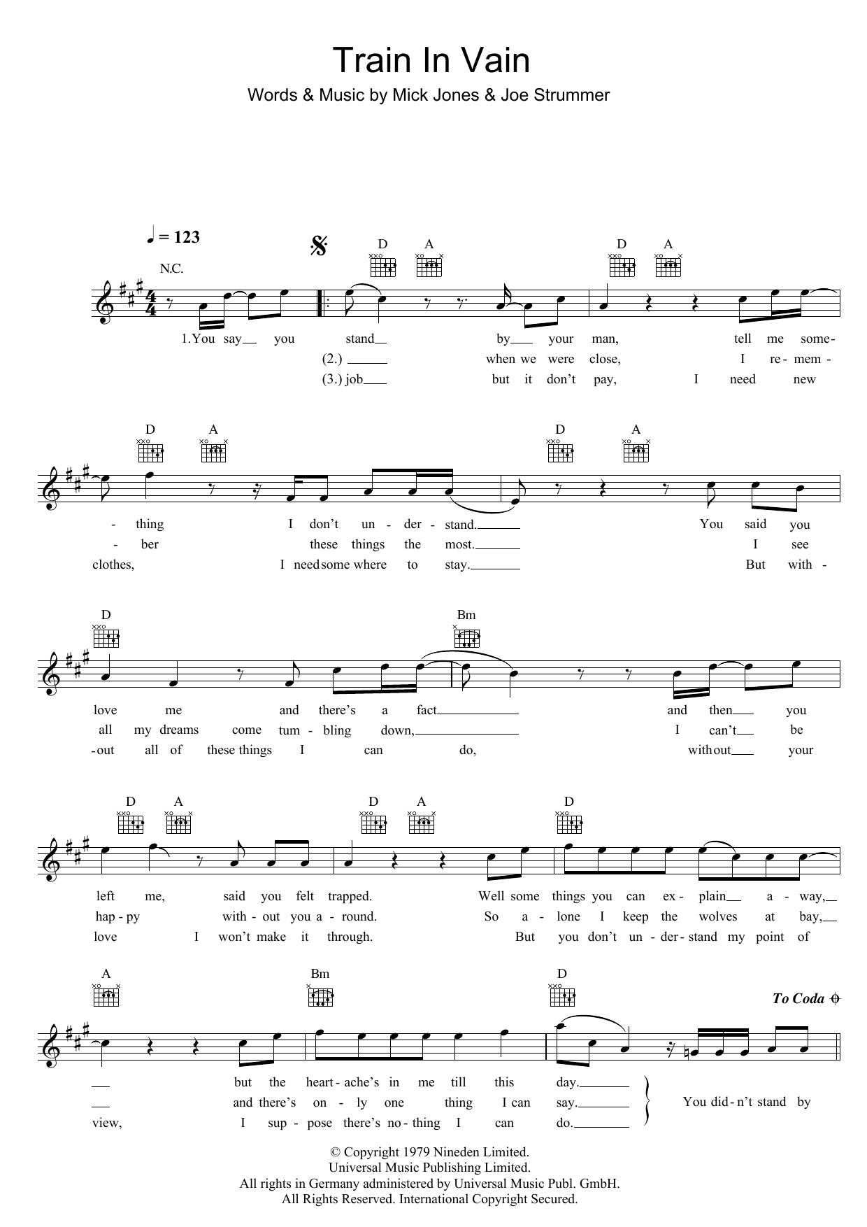 Download The Clash Train In Vain Sheet Music and learn how to play Guitar Chords/Lyrics PDF digital score in minutes