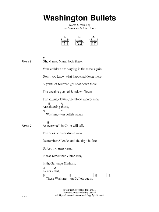 Download The Clash Washington Bullets Sheet Music and learn how to play Lyrics & Chords PDF digital score in minutes