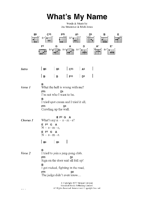 Download The Clash What's My Name Sheet Music and learn how to play Lyrics & Chords PDF digital score in minutes