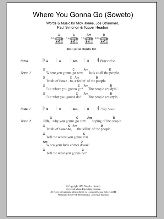 Download The Clash Where You Gonna Go (Soweto) Sheet Music and learn how to play Lyrics & Chords PDF digital score in minutes