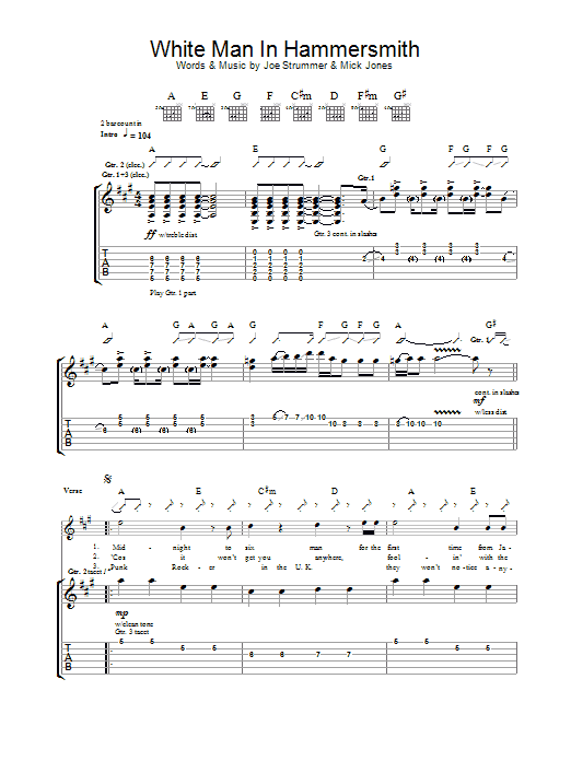 Download The Clash White Man In Hammersmith Palais Sheet Music and learn how to play Guitar Tab PDF digital score in minutes