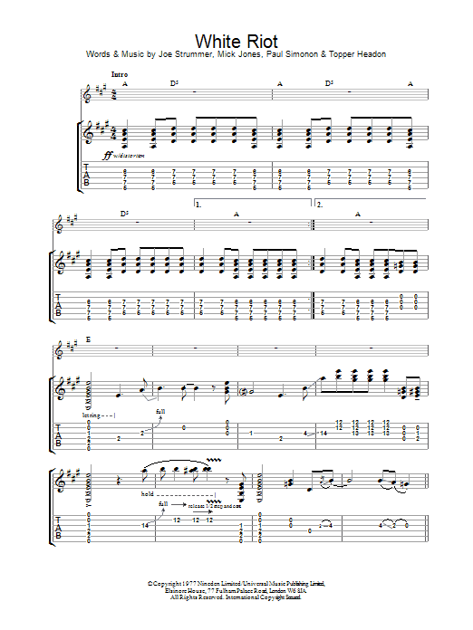 Download The Clash White Riot Sheet Music and learn how to play Piano, Vocal & Guitar (Right-Hand Melody) PDF digital score in minutes