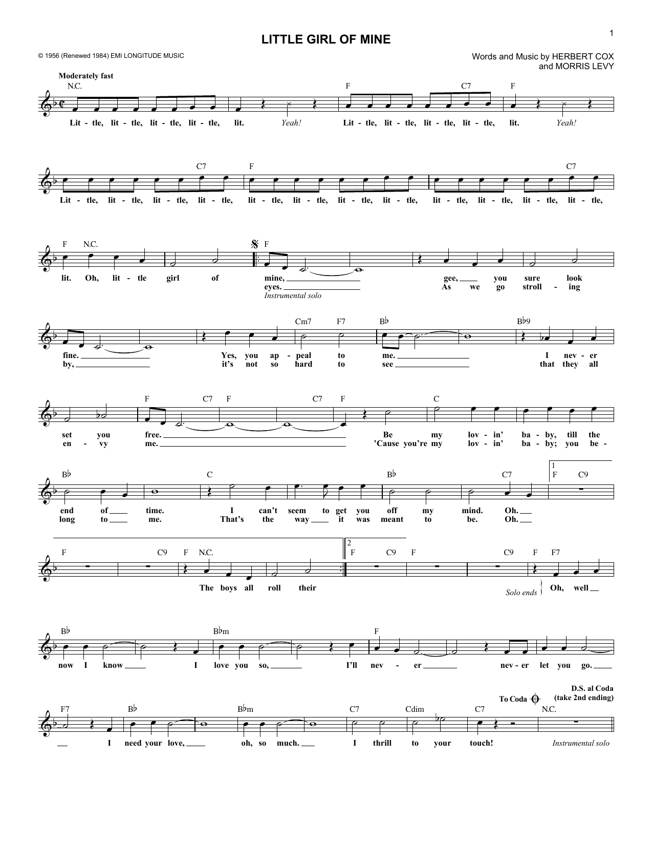 Download The Cleftones Little Girl Of Mine Sheet Music and learn how to play Melody Line, Lyrics & Chords PDF digital score in minutes