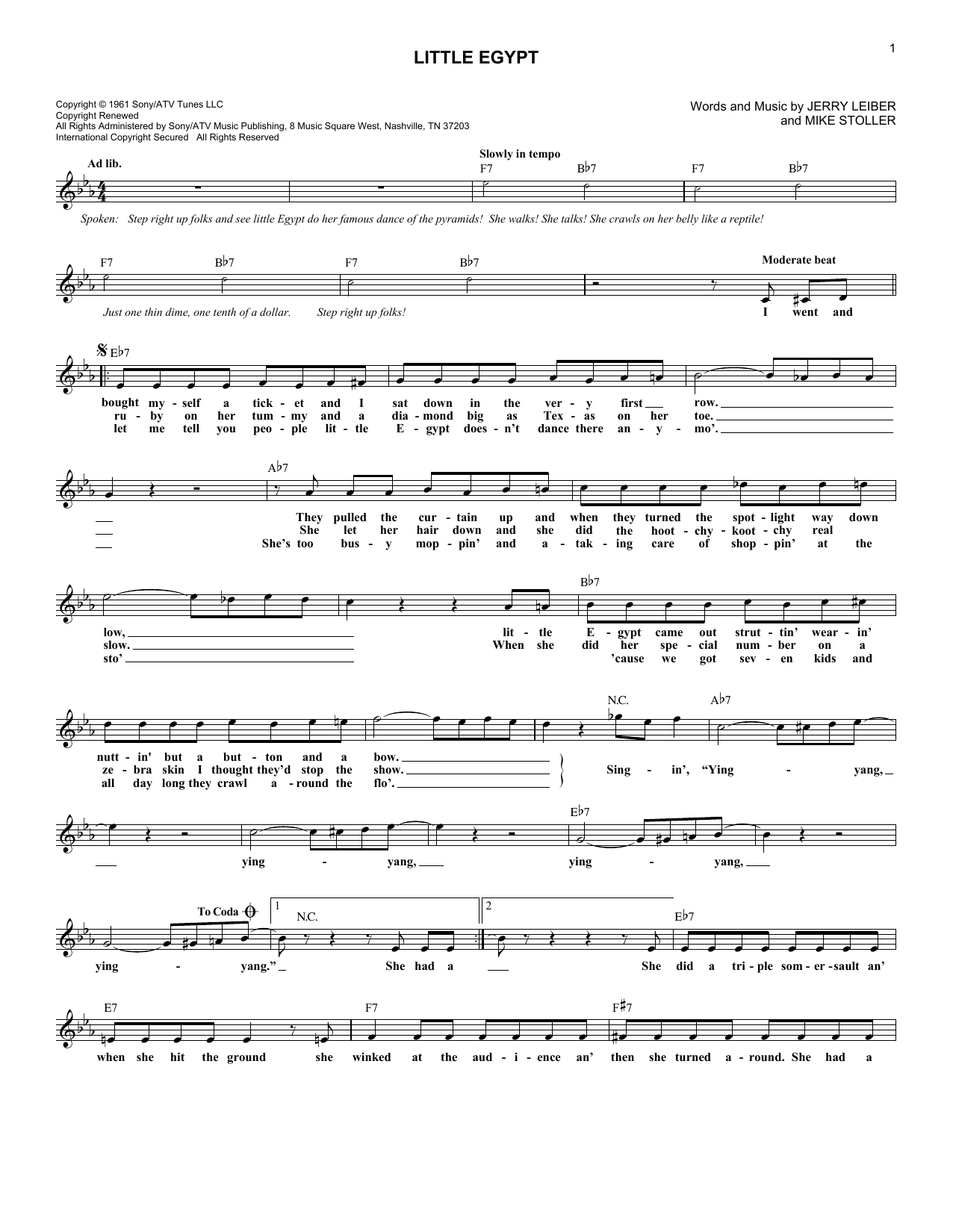 Download The Coasters Little Egypt Sheet Music and learn how to play Melody Line, Lyrics & Chords PDF digital score in minutes
