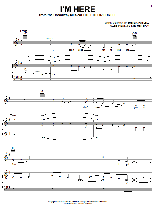 Download The Color Purple (Musical) I'm Here Sheet Music and learn how to play Piano, Vocal & Guitar (Right-Hand Melody) PDF digital score in minutes