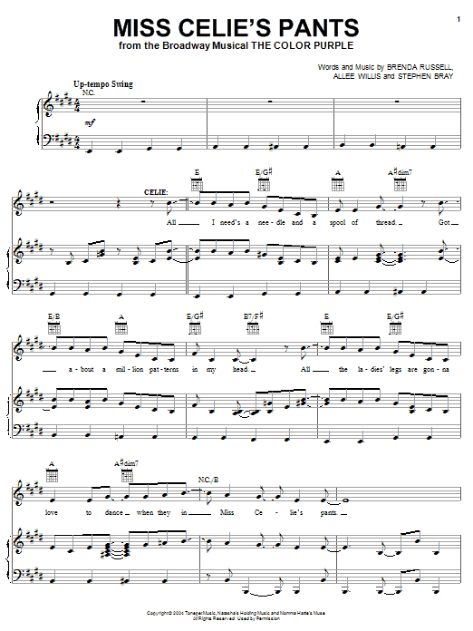 Download The Color Purple (Musical) Miss Celie's Pants Sheet Music and learn how to play Piano, Vocal & Guitar (Right-Hand Melody) PDF digital score in minutes