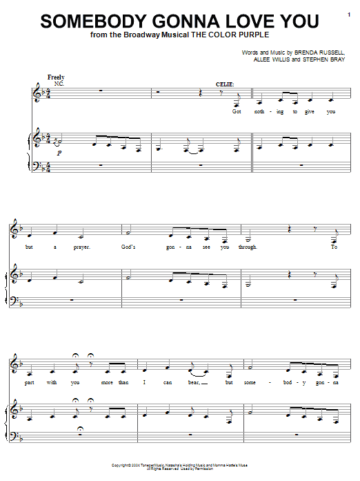 Download The Color Purple (Musical) Somebody Gonna Love You Sheet Music and learn how to play Piano, Vocal & Guitar (Right-Hand Melody) PDF digital score in minutes
