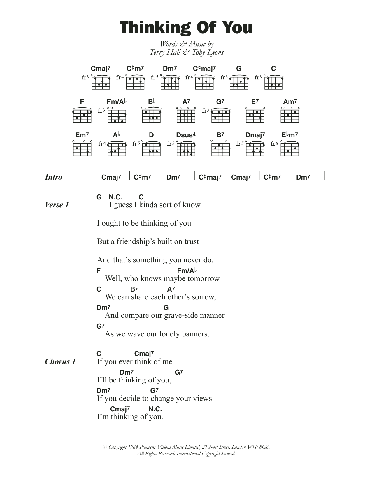 Download The Colourfield Thinking Of You Sheet Music and learn how to play Lyrics & Chords PDF digital score in minutes
