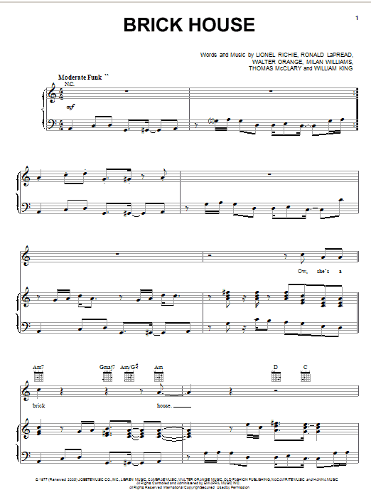 Download Commodores Brick House Sheet Music and learn how to play Bass Guitar Tab PDF digital score in minutes