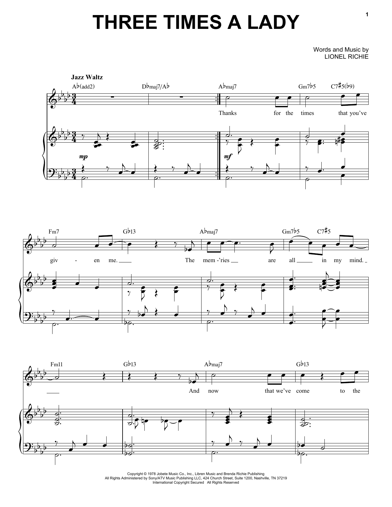 Download The Commodores Three Times A Lady [Jazz version] (arr. Brent Edstrom) Sheet Music and learn how to play Piano & Vocal PDF digital score in minutes