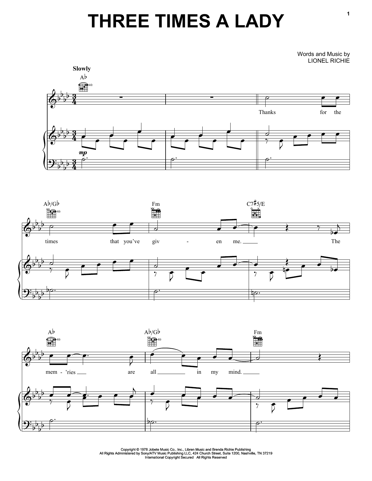 Download The Commodores Three Times A Lady Sheet Music and learn how to play Very Easy Piano PDF digital score in minutes