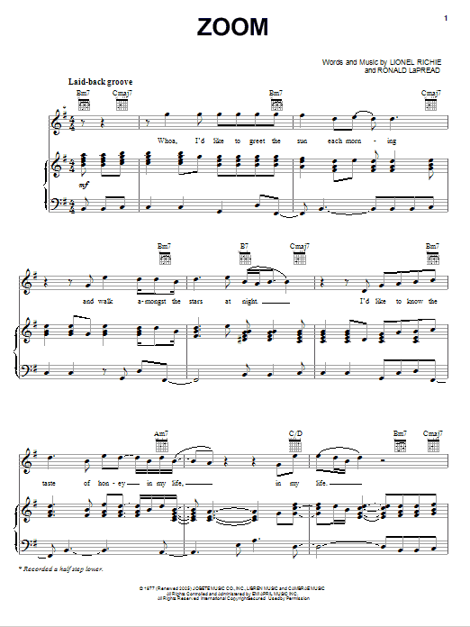 Download Commodores Zoom Sheet Music and learn how to play Piano, Vocal & Guitar (Right-Hand Melody) PDF digital score in minutes