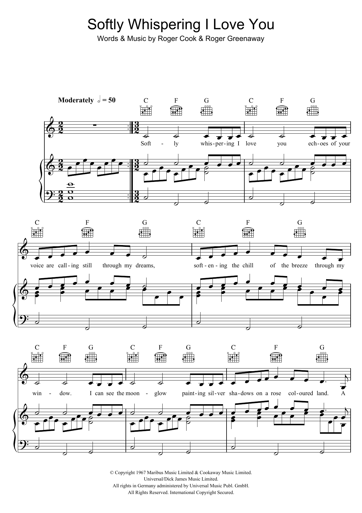 Download The Congregation Softly Whispering I Love You Sheet Music and learn how to play Piano, Vocal & Guitar (Right-Hand Melody) PDF digital score in minutes