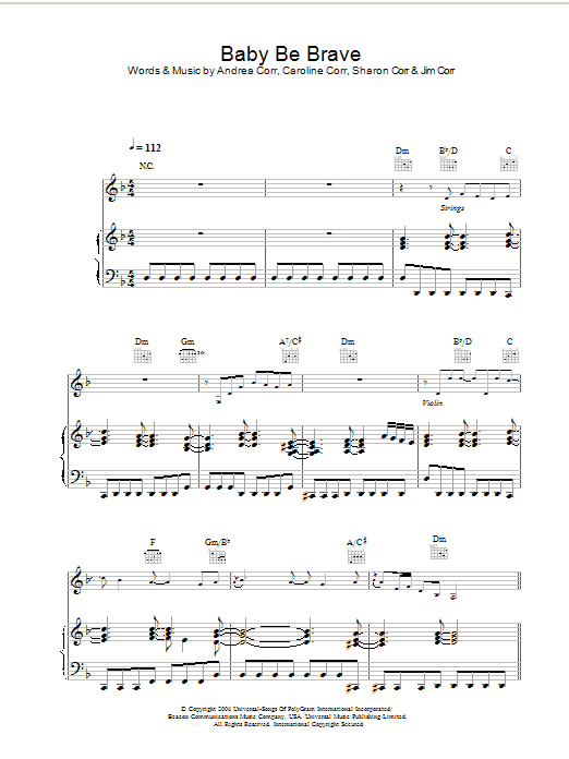 Download The Corrs Baby Be Brave Sheet Music and learn how to play Piano, Vocal & Guitar PDF digital score in minutes