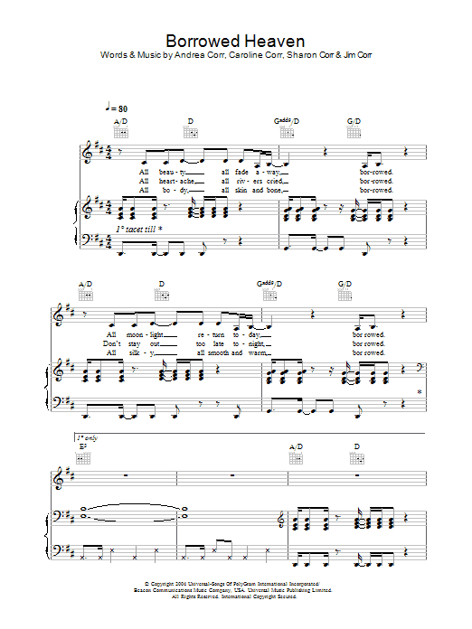 Download The Corrs Borrowed Heaven Sheet Music and learn how to play Piano, Vocal & Guitar PDF digital score in minutes