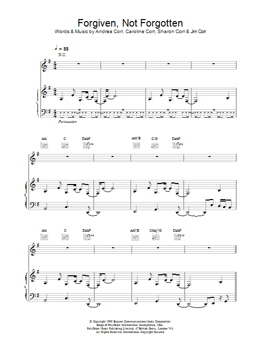 Download The Corrs Forgiven, Not Forgotten Sheet Music and learn how to play Piano, Vocal & Guitar PDF digital score in minutes