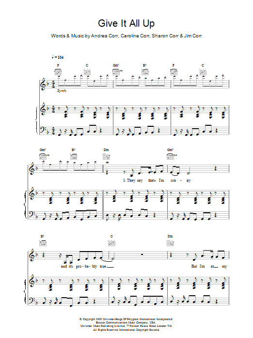 Download The Corrs Give It All Up Sheet Music and learn how to play Piano, Vocal & Guitar PDF digital score in minutes