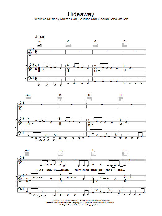 Download The Corrs Hideaway Sheet Music and learn how to play Piano, Vocal & Guitar PDF digital score in minutes