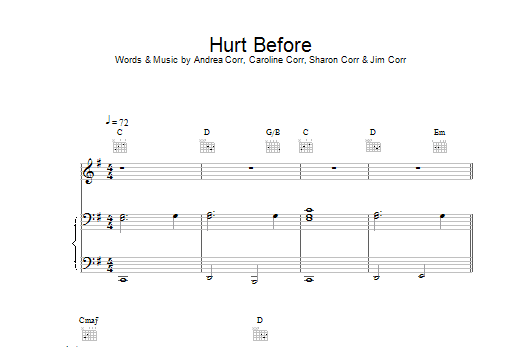 Download The Corrs Hurt Before Sheet Music and learn how to play Piano, Vocal & Guitar PDF digital score in minutes