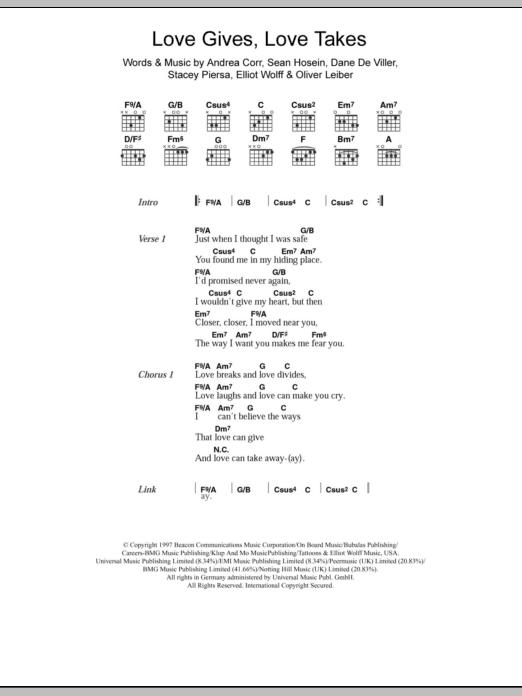 Download The Corrs Love Gives Love Takes Sheet Music and learn how to play Keyboard PDF digital score in minutes