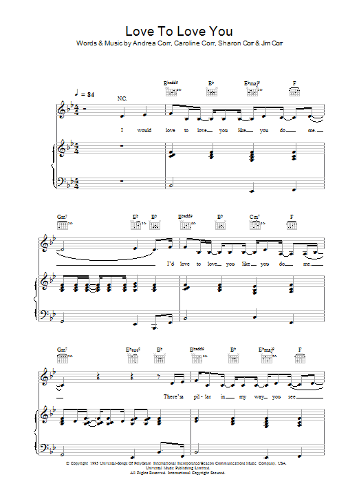Download The Corrs Love To Love You Sheet Music and learn how to play Piano, Vocal & Guitar PDF digital score in minutes
