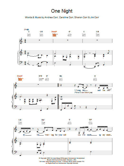 Download The Corrs One Night Sheet Music and learn how to play Piano, Vocal & Guitar (Right-Hand Melody) PDF digital score in minutes