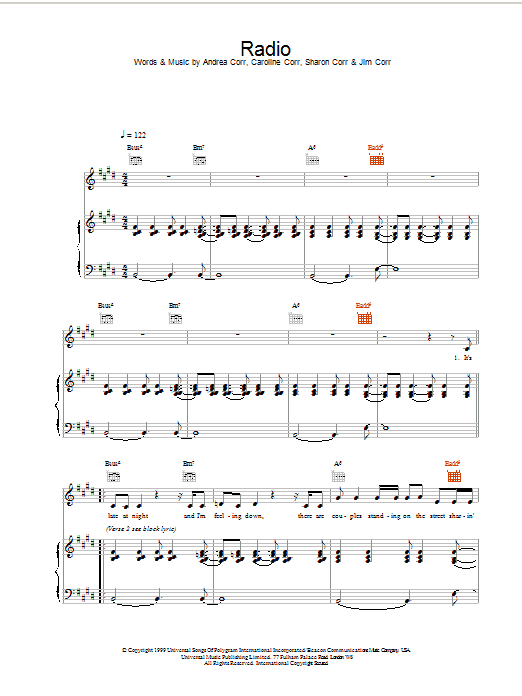 Download The Corrs Radio Sheet Music and learn how to play Piano, Vocal & Guitar PDF digital score in minutes