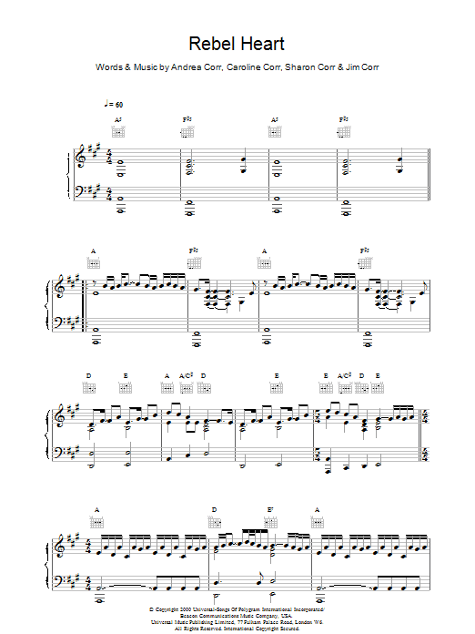 Download The Corrs Rebel Heart Sheet Music and learn how to play Piano, Vocal & Guitar PDF digital score in minutes