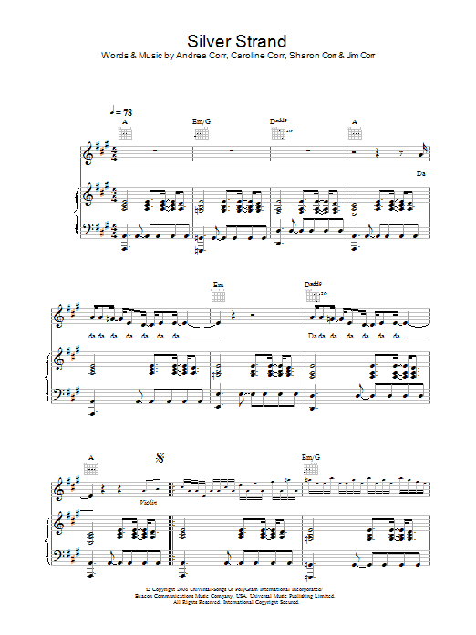 Download The Corrs Silver Strand Sheet Music and learn how to play Piano, Vocal & Guitar PDF digital score in minutes