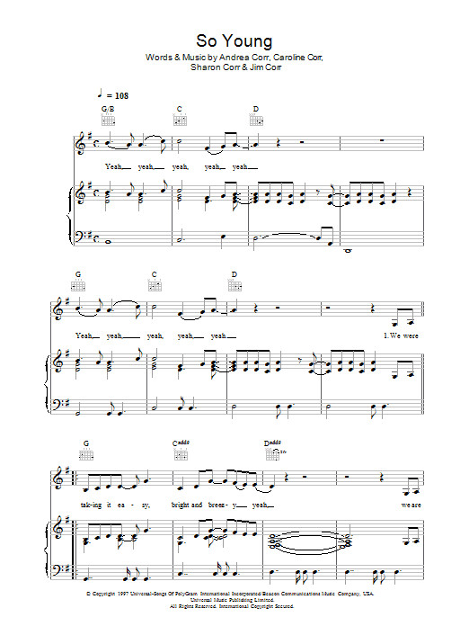 Download The Corrs So Young Sheet Music and learn how to play Lyrics & Chords PDF digital score in minutes
