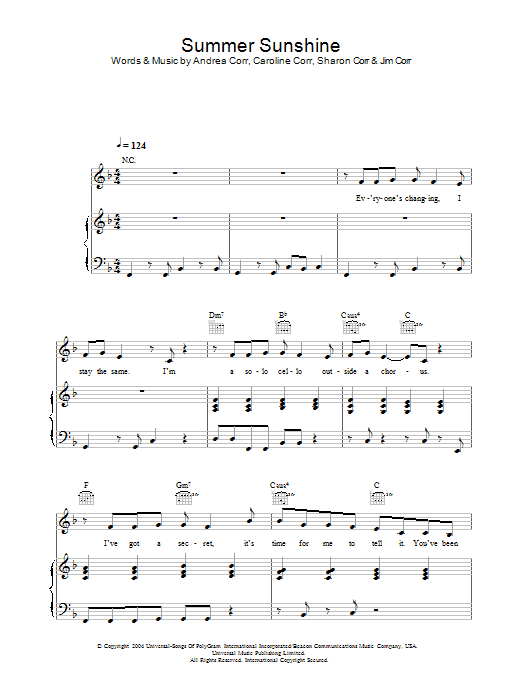 Download The Corrs Summer Sunshine Sheet Music and learn how to play Piano, Vocal & Guitar PDF digital score in minutes
