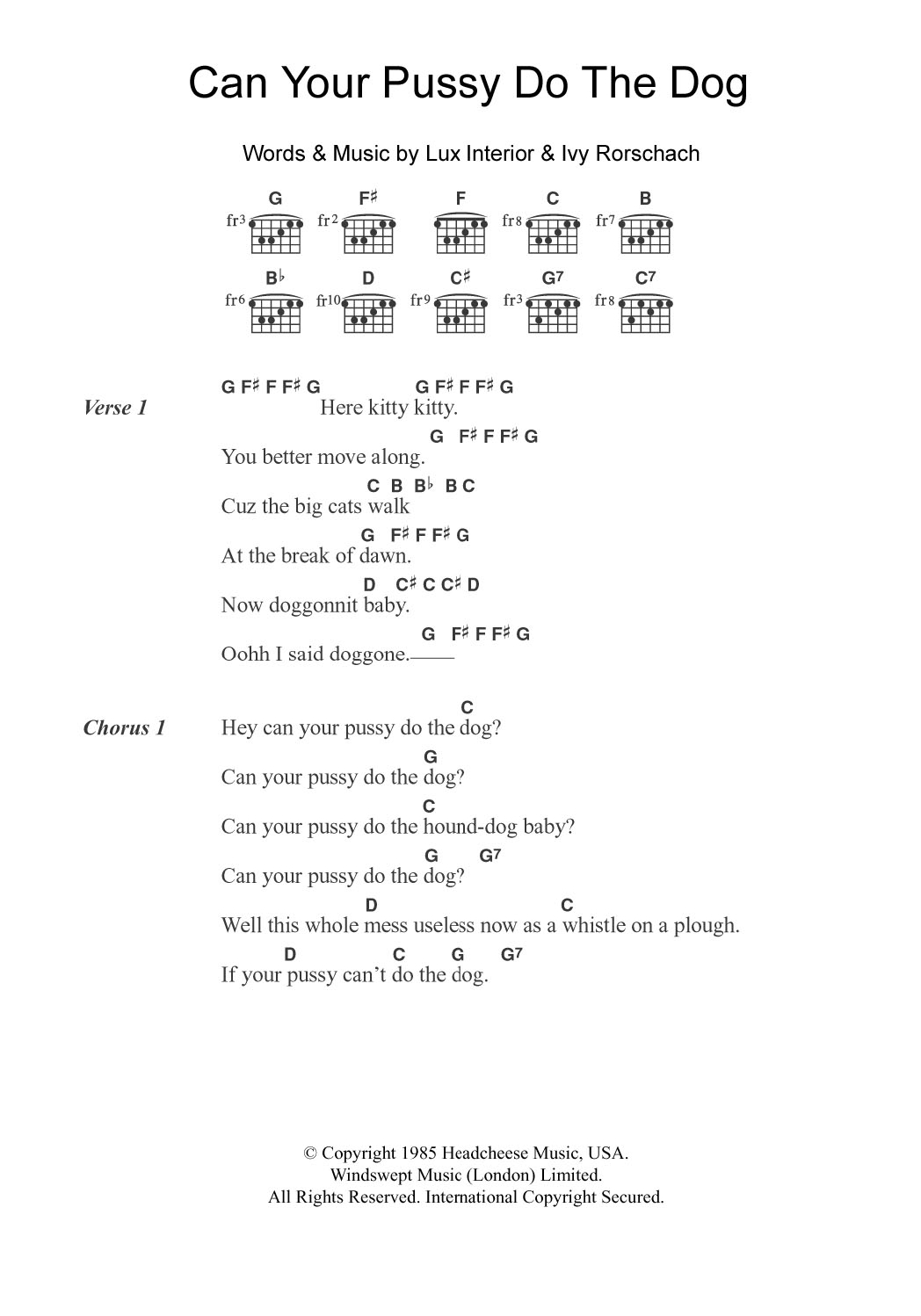 Download The Cramps Can Your Pussy Do The Dog? Sheet Music and learn how to play Lyrics & Chords PDF digital score in minutes