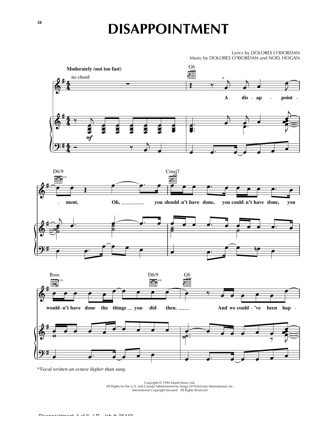 Download The Cranberries Disappointment Sheet Music and learn how to play Piano, Vocal & Guitar (Right-Hand Melody) PDF digital score in minutes
