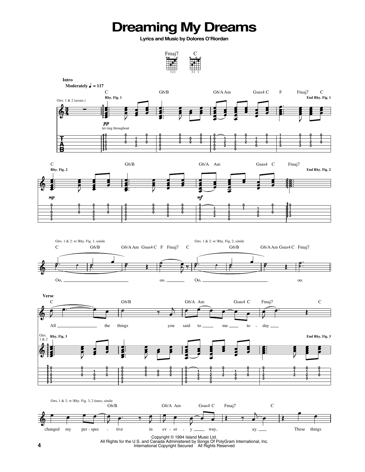 Download The Cranberries Dreaming My Dreams Sheet Music and learn how to play Piano, Vocal & Guitar (Right-Hand Melody) PDF digital score in minutes