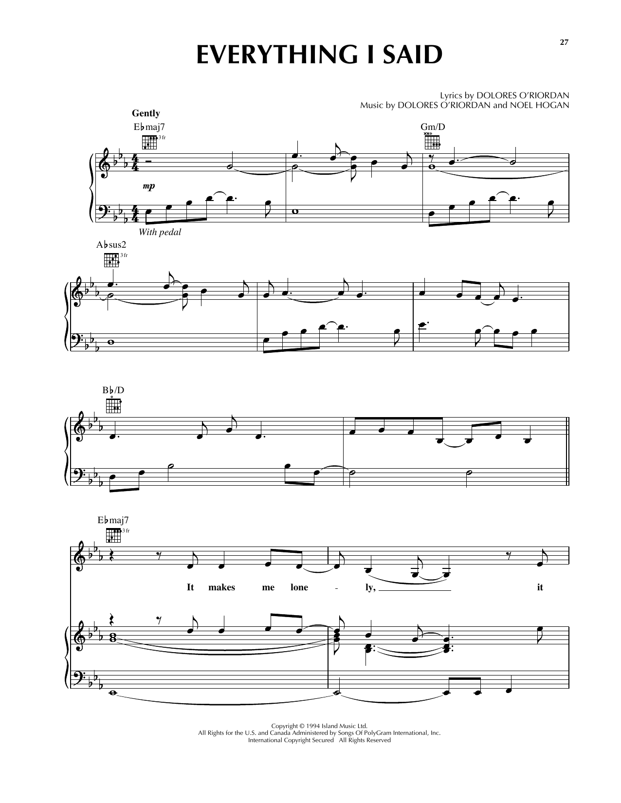 Download The Cranberries Everything I Said Sheet Music and learn how to play Lyrics & Chords PDF digital score in minutes