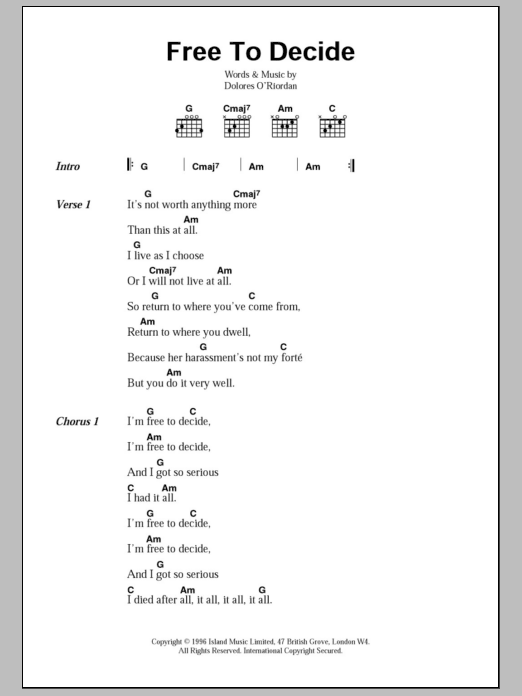Download The Cranberries Free To Decide Sheet Music and learn how to play Piano, Vocal & Guitar Chords (Right-Hand Melody) PDF digital score in minutes
