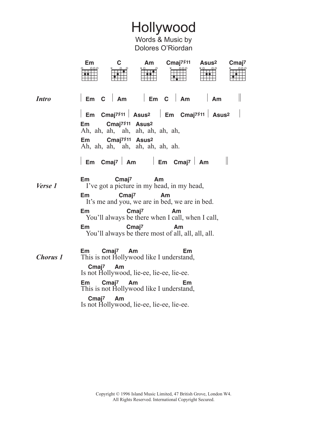 Download The Cranberries Hollywood Sheet Music and learn how to play Lyrics & Chords PDF digital score in minutes