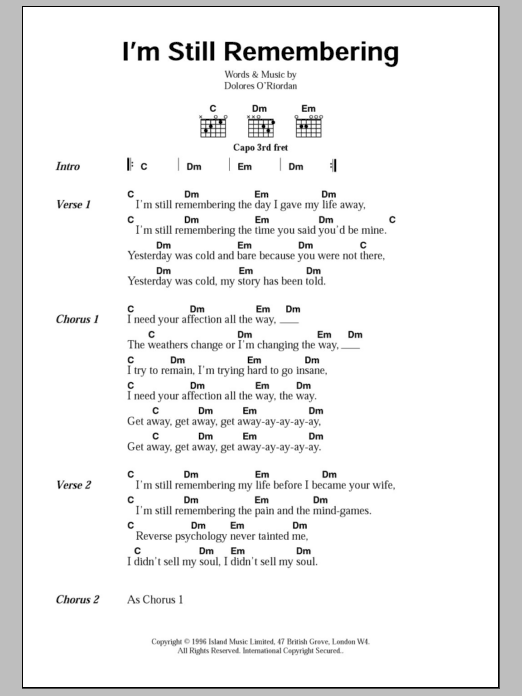 Download The Cranberries I'm Still Remembering Sheet Music and learn how to play Lyrics & Chords PDF digital score in minutes