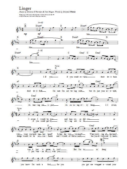Download The Cranberries Linger Sheet Music and learn how to play Melody Line, Lyrics & Chords PDF digital score in minutes